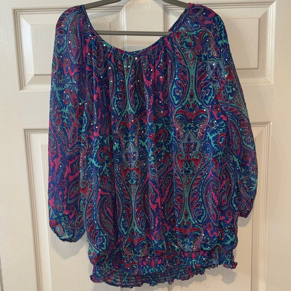 Blouse Kathy Daniels 3X Paisley Sparkle Peasant Top Blue Pink Teal Gently Worn